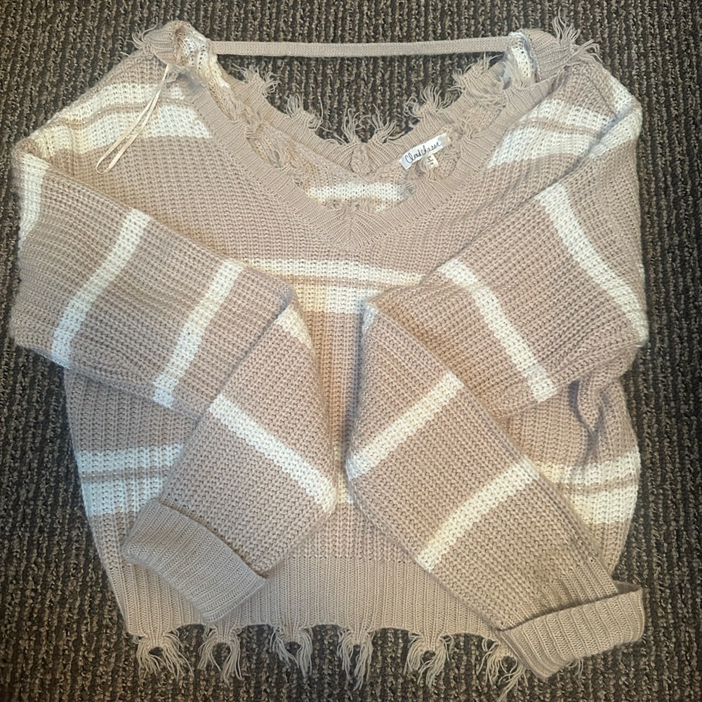 Cloud Chaser Tan and White V-Neck Sweater